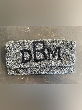 Moyna Monogram Beaded Clutch in Black & Silver initials DBM